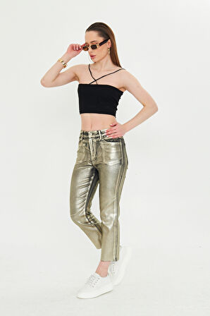 Gold Varaklı Paçası Kesik Trend Jean Pantolon