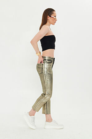 Gold Varaklı Paçası Kesik Trend Jean Pantolon