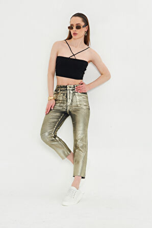 Gold Varaklı Paçası Kesik Trend Jean Pantolon