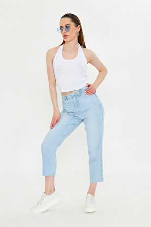 Acık Mavi Mom Kalıp Paçası Kesik Jean