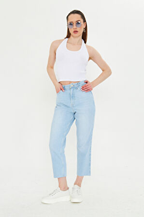 Acık Mavi Mom Kalıp Paçası Kesik Jean