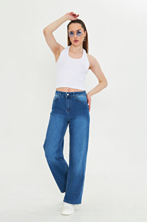 Koyu Mavi Yıkamalı Yüksek Bel straight Fit Jean Mavi