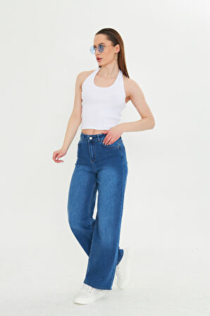 Koyu Mavi Yıkamalı Yüksek Bel straight Fit Jean Mavi