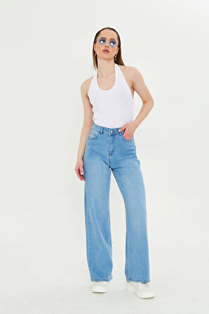 Buz Mavi Beş Cepli Palazzo Denim Pantolon