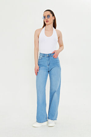 Buz Mavi Beş Cepli Palazzo Denim Pantolon