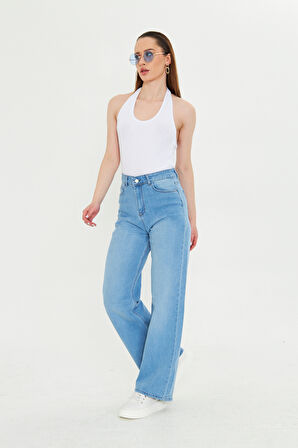 Buz Mavi Beş Cepli Palazzo Denim Pantolon