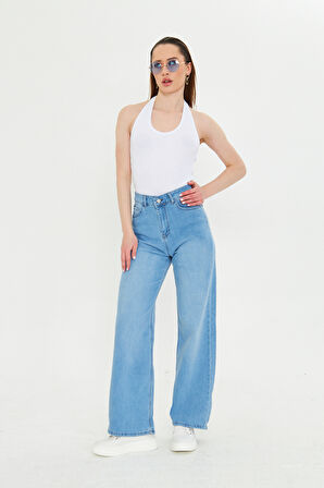Buz Mavi Beş Cepli Palazzo Denim Pantolon
