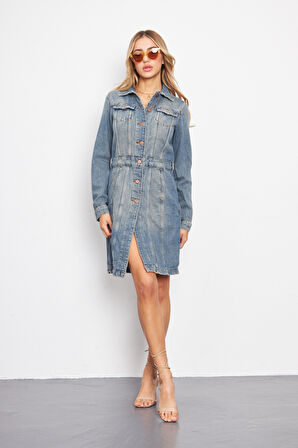 Açik Mavi Vintage Yıkama Regular Fit Jean Elbise