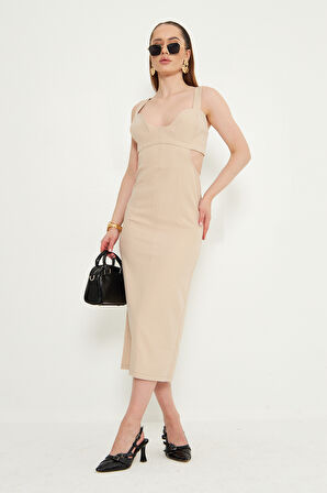 Midi Boy Gogus ve Sirt Detayli Gunluk Abiye Elbise