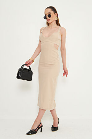 Midi Boy Gogus ve Sirt Detayli Gunluk Abiye Elbise