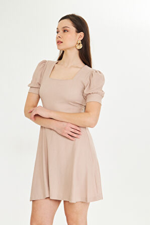 Vizon Kare Yaka Balon Kollu Gunluk Elbise