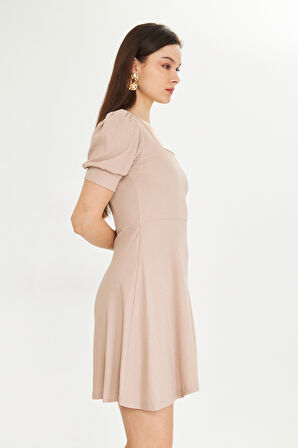 Vizon Kare Yaka Balon Kollu Gunluk Elbise