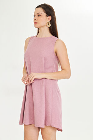 Gül Kurusu Keten Karisimli Yazlık Sifir Kollu Çan Elbise