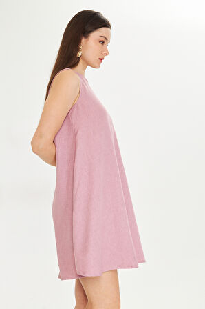 Gül Kurusu Keten Karisimli Yazlık Sifir Kollu Çan Elbise