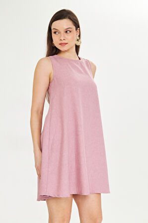 Gül Kurusu Keten Karisimli Yazlık Sifir Kollu Çan Elbise