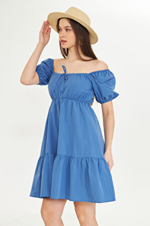 Beli Lastikli Buzgulu Poplin Elbise