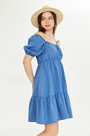 Beli Lastikli Buzgulu Poplin Elbise