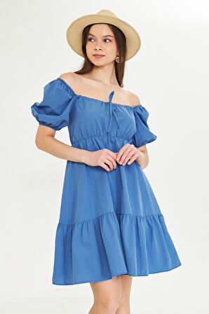 Beli Lastikli Buzgulu Poplin Elbise