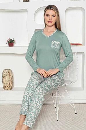 Etnik Desen Kadın Pijama Takımı - Uzun Kollu Likralı Penye Cepli Alt