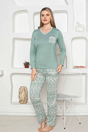 Etnik Desen Kadın Pijama Takımı - Uzun Kollu Likralı Penye Cepli Alt