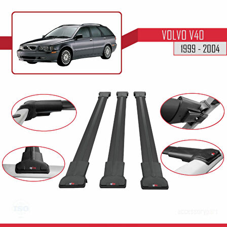 Volvo V40 1999-2004 Arası ile Uyumlu FLY Model Ara Atkı Tavan Barı Siyah 3 Adet