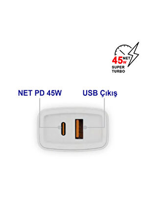 45W Turbo Type-C ve USB Çift Girişli Şarj Adaptörü QC 4.0 MT-A1755