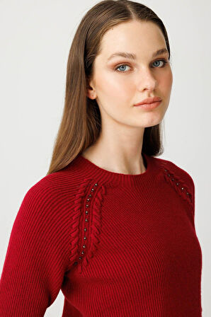 Desen Triko Kadın Sıfır Yaka Boncuklu Yün Kazak 25206 Vişne Çürüğü