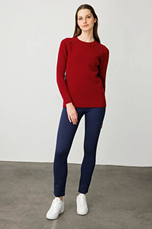 Desen Triko Kadın Sıfır Yaka Boncuklu Yün Kazak 25206 Vişne Çürüğü