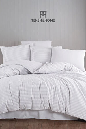%100 Pamuklu Beyaz Natural Stripe Nevresim Takımı 3 Parça (ÇİFT KİŞİLİK)