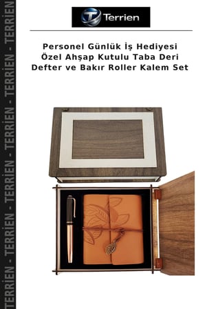 Personel Günlük İş Hediyesi Özel Ahşap Kutulu Taba Deri Defter ve Bakır Roller Kalem Set