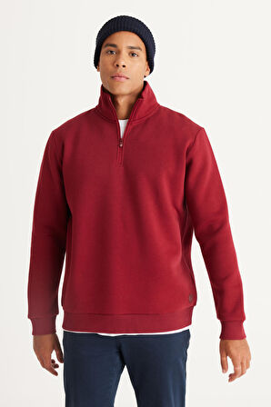 Erkek Bordo Standart Fit Normal Kesim Içi Polarlı Bato Yaka Pamuklu Sweatshirt