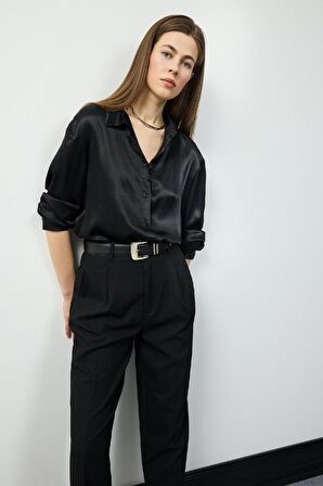 Regular Fit Gömlek Yaka Saten Basic Düz Uzun Kollu Gömlek