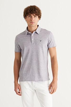 Erkek Mor-beyaz Kolay Ütülenebilir Slim Fit Dar Kesim Polo Yaka Kısa Kollu Jakarlı Tişört