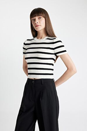 DeFacto Crop Bisiklet Yaka Çizgili Kısa Kollu Triko Kazak C8743AX24AUER105