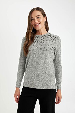 DeFacto Relax Fit Bisiklet Yaka Leopar Baskılı Yırtmaçlı Uzun Kollu Tişört D2701AX24AUGR210