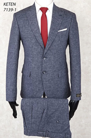 Keten Pileli Pantolon  Slim Fit Sivri  Yaka-Çift Yırtmaç Fileli Astar Drop 6  Takım Elbise