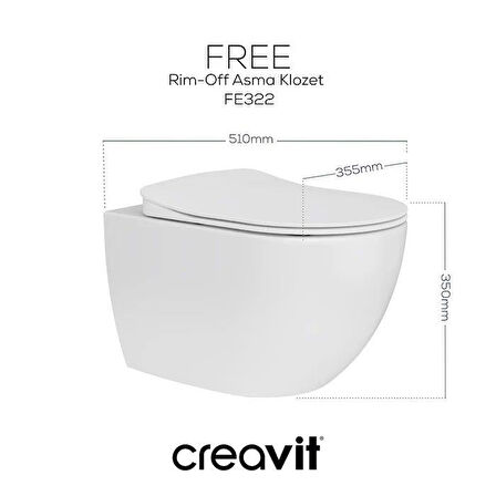 Creavit Free Rim-Off Kanalsız Asma Klozet 1.Kalite (FE322.02) + Duck TP Yavaş Kapanan Kapak 2'li Set