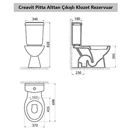 Creavit Pitta Alttan Çıkışlı Klozet + Rezervuar + İç Takım + Çınar TP Yavaş Kapanan Kapak 4 'lü Set