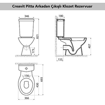 Creavit Pitta Arkadan Çıkışlı Klozet + Rezervuar + İç Takım + Çınar TP Yavaş Kapanan Kapak 4 'lü Set