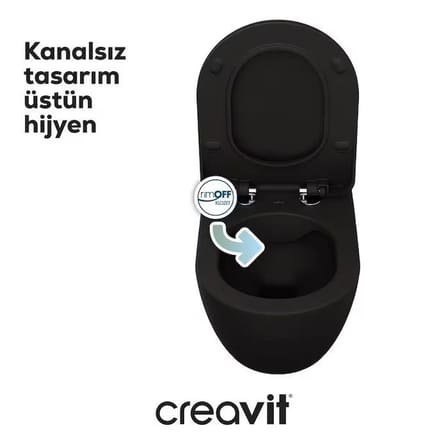 Creavit Free Rim-Off Kanalsız Asma Klozet (FE322.SM) Mat Siyah + Duck Yavaş Kapanan Kapak Mat Siyah 2'li Set