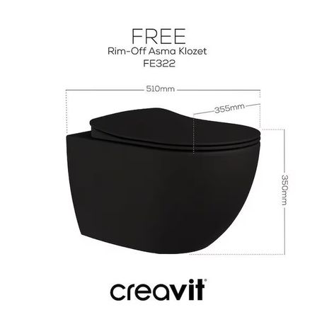 Creavit Free Rim-Off Kanalsız Asma Klozet (FE322.SM) Mat Siyah + Duck Yavaş Kapanan Kapak Mat Siyah 2'li Set