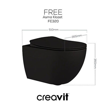 Creavit Free Asma Klozet (FE320.SM) + Duck Yavaş Kapanan Kapak Mat Siyah 2'li Set