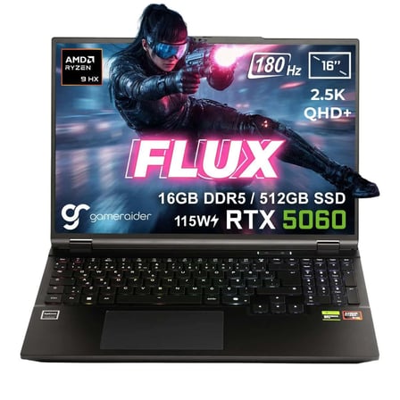 GameRaider FLUX GR16 AMD Ryzen 9-8940HX GeForce RTX 5060 8GB 115W 16GB DDR5 512GB SSD 16 inç 2.5K QHD+ 180Hz FreeDos Gaming Laptop