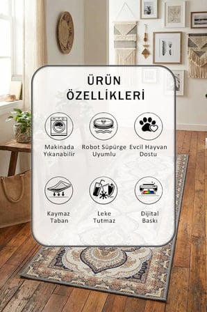 Yıkanabilir Kaymaz K-469 Parga Dijital Baskılı Yolluk Halı Tüy Tutmaz