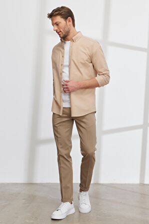 Erkek Bej Slim Fit Dar Kesim Yan Cepli Pamuklu Esnek Armürlü Pantolon