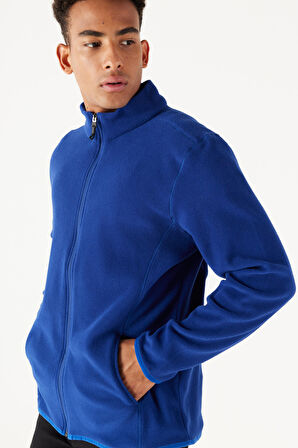 Erkek Saks Mavi Anti-pilling Tüylenme Yapmayan Standart Fit Bato Yaka Sweatshirt Polar Ceket