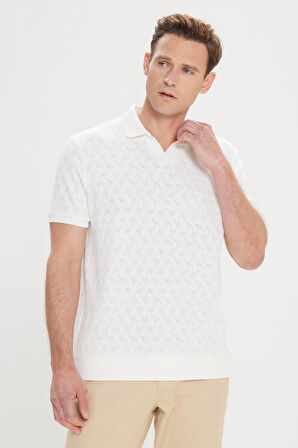 Comfort Fit Rahat Kesim Pamuklu Baklava Desenli Polo Yaka Tişört