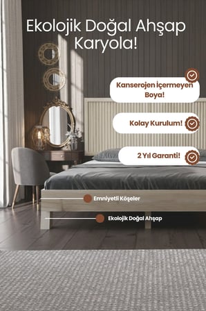 Ebruli̇ Model Dikey Başlıklı Masif Ahşap Karyola Kolay Kurulum Fırınlanmış İthal Sibirya Çamı 90x190 Yatak Uyumlu