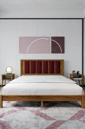 Ori̇on Model Bordo Puf Başlıklı Masif Ahşap Karyola Kolay Kurulum Fırınlanmış İthal Sibirya Çamı 90x190 Yatak Uyumlu