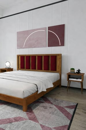 Ori̇on Model Bordo Puf Başlıklı Masif Ahşap Karyola Kolay Kurulum Fırınlanmış İthal Sibirya Çamı 90x190 Yatak Uyumlu